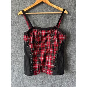 Tripp NYC Corset Top Women L Black Red Plaid Lace Up Zip Vtg Goth Y2K Punk Rave